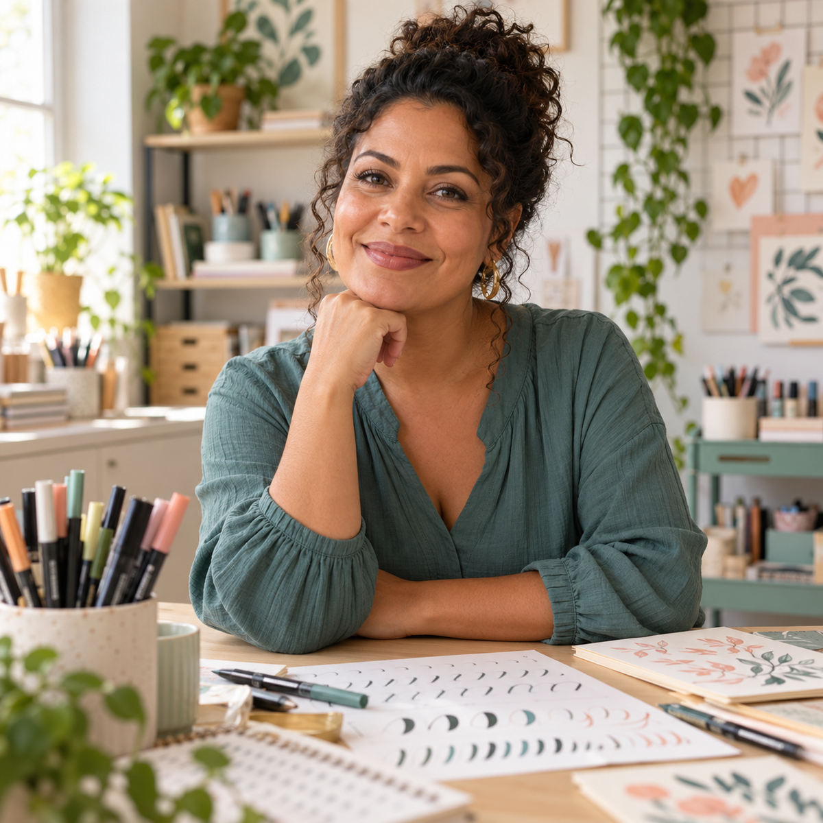 Retrato ilustrativo gerado por IA de uma professora de lettering num ateliê claro, com canetas e cartões ao fundo